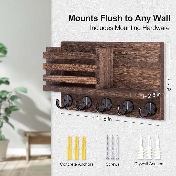 Key Holder for Wall – Decorative Wooden Mail Holder and Key Shelf with Mounting Hardware, Installation Guide – Paulownia Wood with 5 Metal Key Hooks (11.8” x 6.7” x 2.8”)