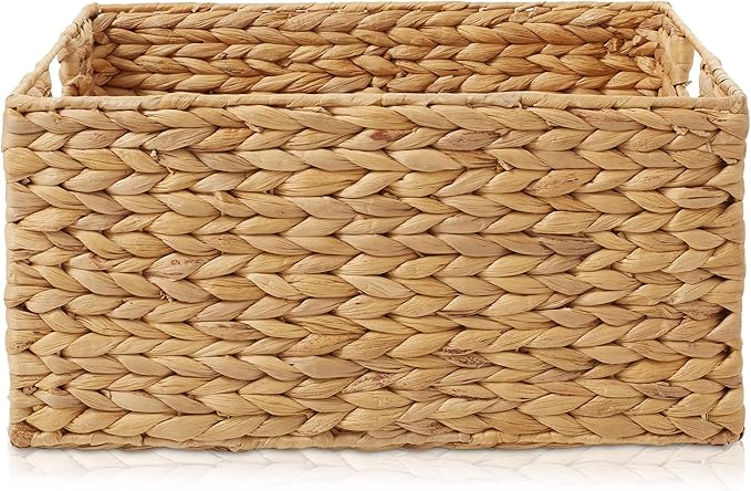 Casafield Set of 4 Water Hyacinth Pantry Baskets, 10" x 13" x 5", with Chalkboard Labels and Chalk Marker - Natural, Woven Storage Bin Organizers for Kitchen Shelves-NeatNest