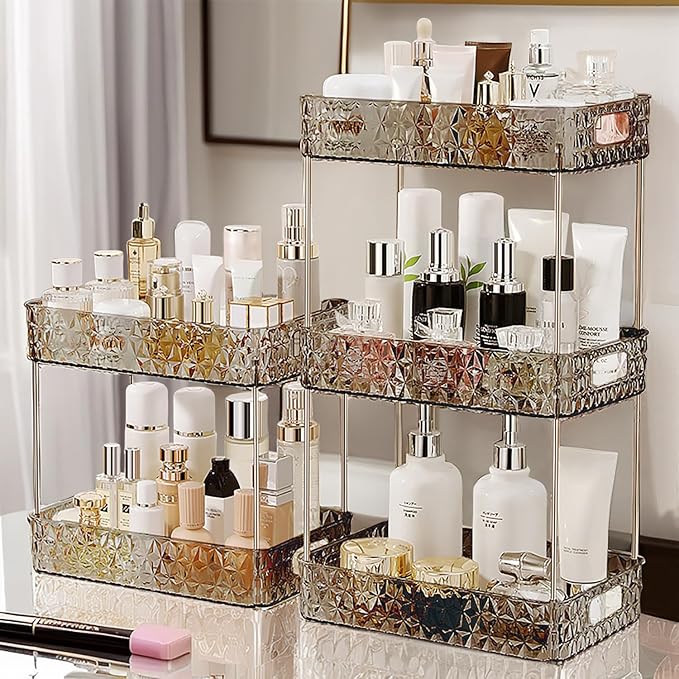 Makeup Organizer for Vanity,Bathroom Countertop Skincare Organizer,Makeup Counter Shelf Perfume Holder Rack,Cosmetic Display Case(Clear Black, 2 Tier)-NeatNest
