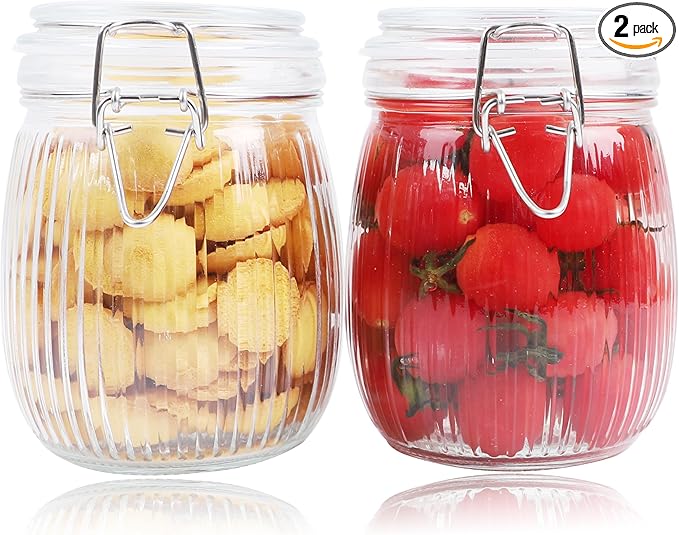 GMCOZY Glass Jars With Airtight Lid 24 Oz Wide Mouth Mason Storage Jars Air Tight Sealed Canisters With Clamp Lids For Refrigerator Kitchen Pantry Fruit Sugar Nuts Preserves Tea Coffee Beans 2 Set