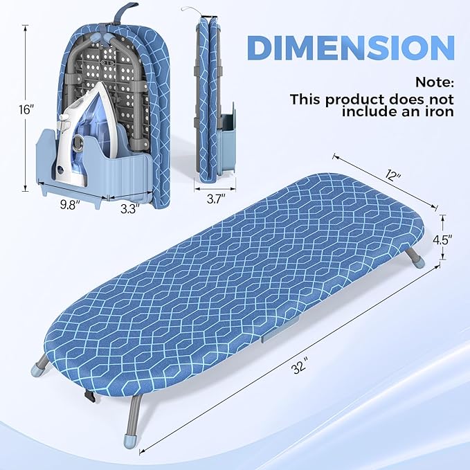 Kingboard Small Ironing Board with Iron Holder, Tabletop Iron Board with 2 Heat Resistant Covers, Portable Table top Ironing Board with Non-Slip Feet for Home Travel, 12 * 32 Blue