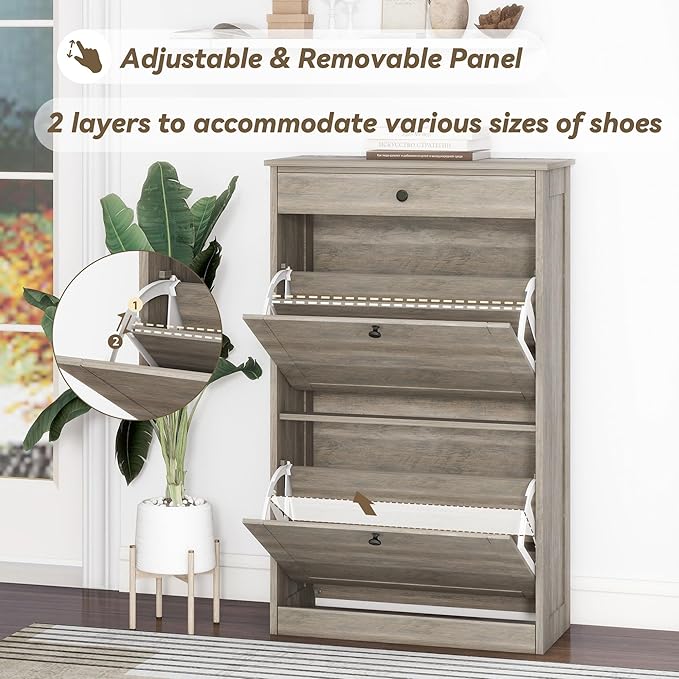 Shoe Cabinet with 2 Flip Drawers, Narrow Freestanding Shoe Storage Organizer, Slim Wooden Hidden Shoe Rack for Front Door Entrance, Closet, Hallway, Living Room, Rustic Gray-NeatNest