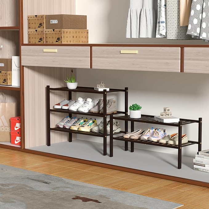 3 Tier Bamboo Shoe Rack for Closet Free Standing Wood Shoe Shelf for Entryway Small Space Stackable 27"x11"x20" (Brown)-NeatNest