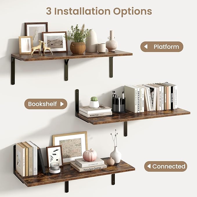 Floating Shelves for Wall, 12 Inch Deep Floating Shelves Set of 2, Wall Mounted Shelf with Metal Brackets, Rustic Wood Wall Shelf for Bathroom, Kitchen and Living Room, Rustic Brown, 36W x 12D-NeatNest