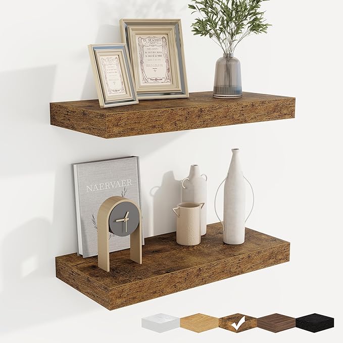 fuqing Floating Shelves for Wall, Bathroom Shelf Wall Mounted for Storage, Shelves with Invisible Bracket for Bedroom, Kitchen, Living Room, Farmhouse Small Book Shelf, 16 Inch Set of 2, Rustic Brown-NeatNest