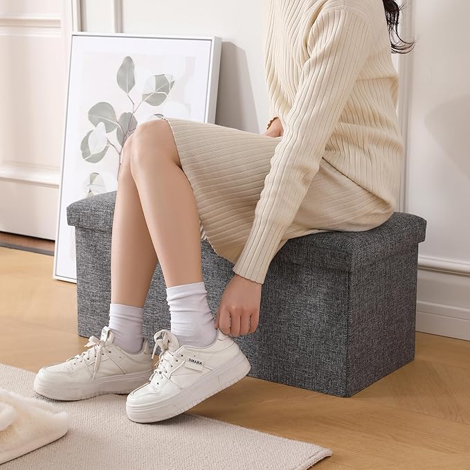 CUYOCA Storage Ottoman Bench Foldable Seat Footrest Shoe Bench End of Bed Storage with Flipping Lid, 75L Storage Space, 30 inches Linen Fabric Dark Grey-NeatNest