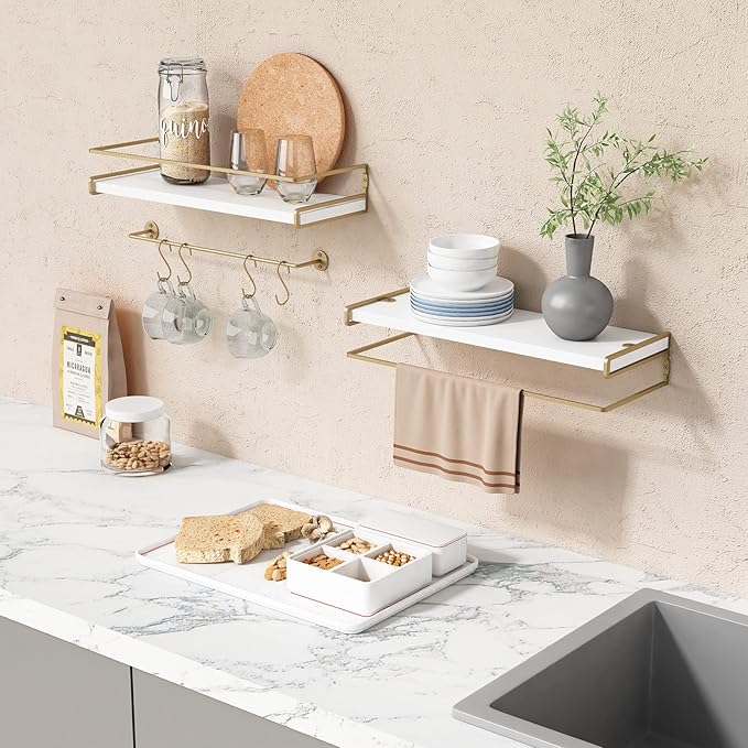 Forbena Floating Bathroom Shelves Wall Mounted, Aesthetic White and Gold Shelves for Bathroom Accessories, Modern Bathroom Organizer with Tower Bar for Wall Decor Storage Small Spaces, Set of 2-NeatNest