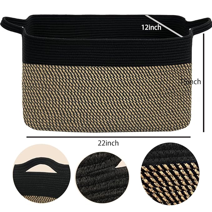 COMFY-HOMI Large Rectangular Blanket, Cotton Rope Woven for Storage, LaundryHamper, Storage,Toy Organizing Bin with Handle, Organizer and Storage-22x15x12-Black/Jute-NeatNest