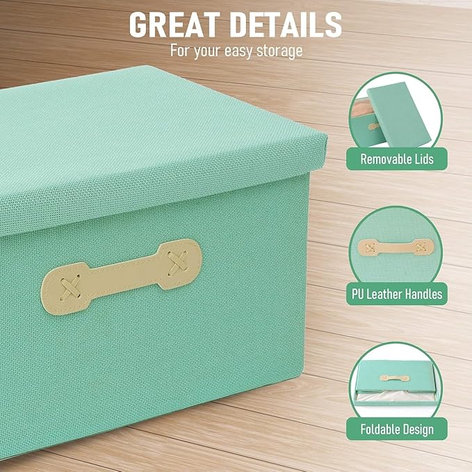 Enzk&Unity Decorative Storage Bins with Lids, Fabric Linen Foldable Storage Box with Handle Home Organizer for Shelf, Closet, Bedroom, Living Room, Office, 3 Packs, Teal-NeatNest