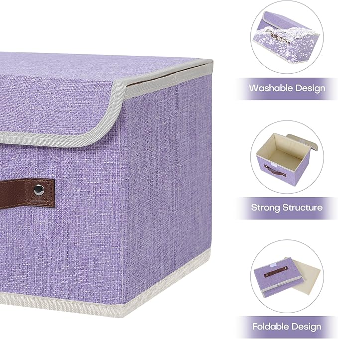 ANMINY 4PCS Storage Bins with Lid PU Leather Handles Storage Boxes PP Plastic Board Decorative Foldable Lidded Cotton Linen Fabric Home Cubes Baskets Closet Organizer Containers - Purple, Small Size-NeatNest