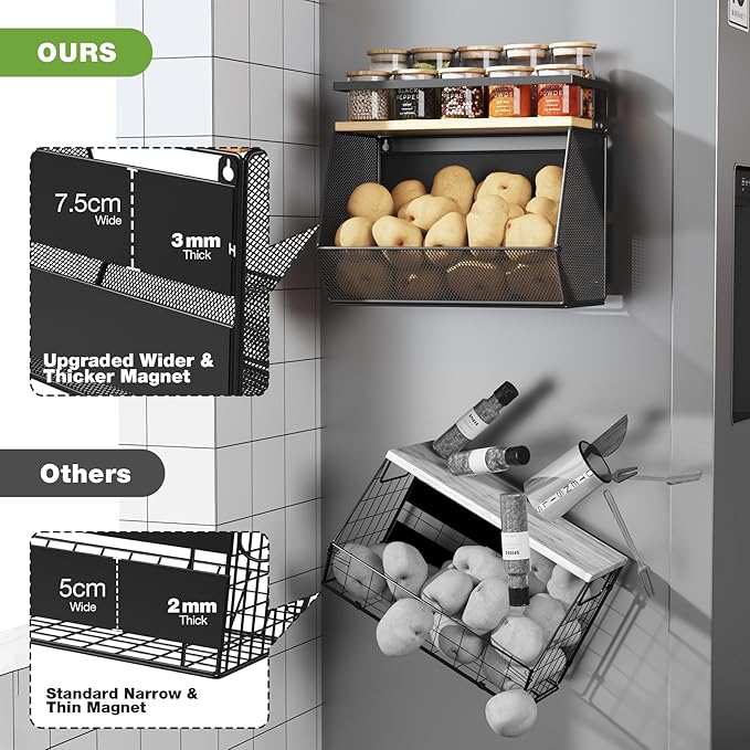 Magnetic Shelf for Fridge with Wide & Thick Magnet, 2 Pack Refrigerator Organizer Basket with Bamboo Top, Storage for Fruit, Potato, Onion, Kitchen, Pantry, Laundry (Black, 13.8" x 6.8" x 11.8")