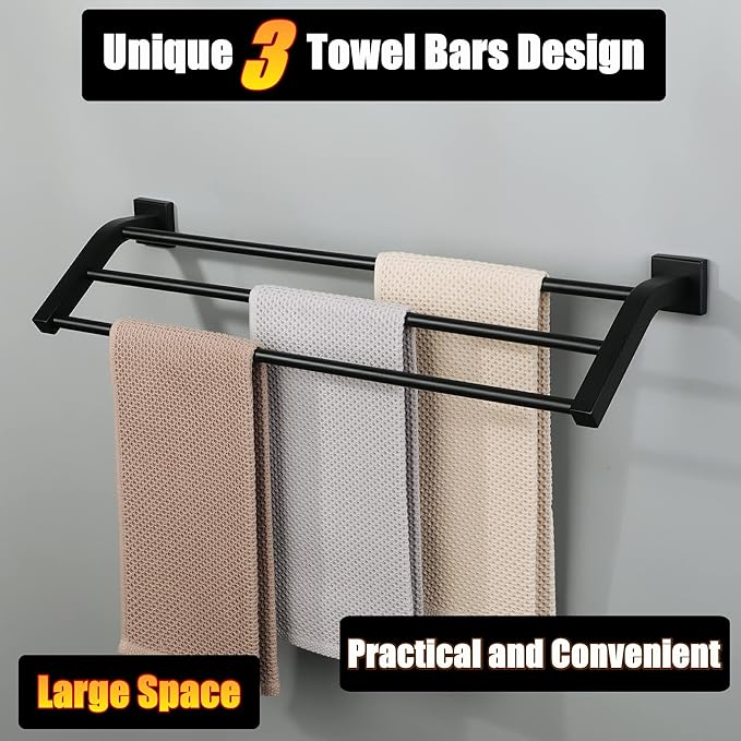 Alise Bath 3 Towel Bars,Towel Holder Towel Racks for Bathroom Wall Mount,Heavy Duty SUS304 Stainless Steel Towel Hanger Towel Rails,GK9603-B Matte Black,24-Inch