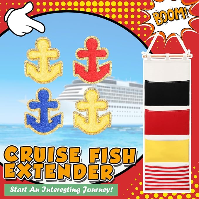 Fish Extender Cruise Gift Hanging Organizer with 4 Pockets and 4 Iron on Anchor Patches Cabin Door Hanger Storage Bag 2025 FE for Exchange Gifts and Pixie Dusting (Red,Blue,Black,Yellow)-NeatNest