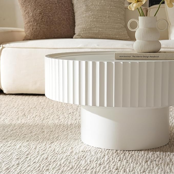 Round Wood Coffee Table - Wooden, Ribbed-Design, 30.3" Dia, 14.9" H - Simple Modern Style for Home Living Room Furniture (White Table)