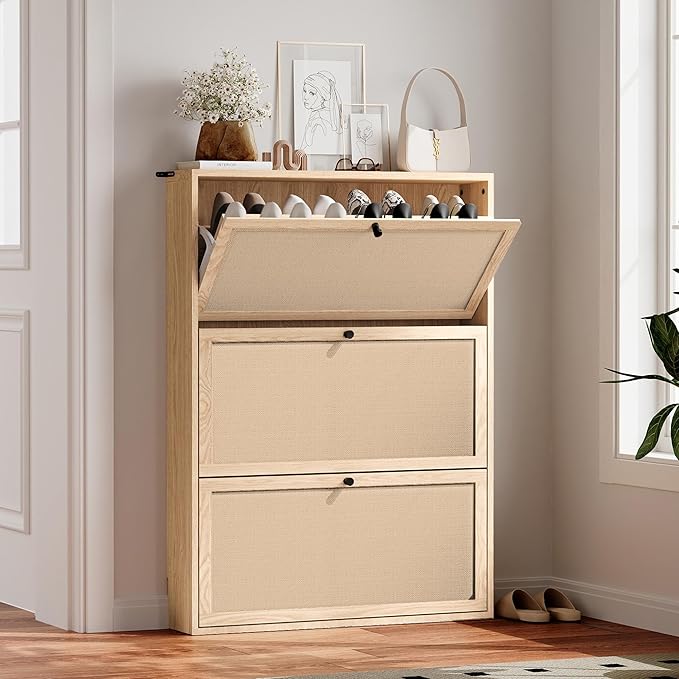 AVZEAR Narrow Shoe Storage Cabinet for Entryway with Natural Linen Panel, Freestanding Slim Shoe Cabinet with 3 Flip Drawers, Wood Shoe Organizer Closed Shoe Rack for Hallway, Living Room(Natural)-NeatNest