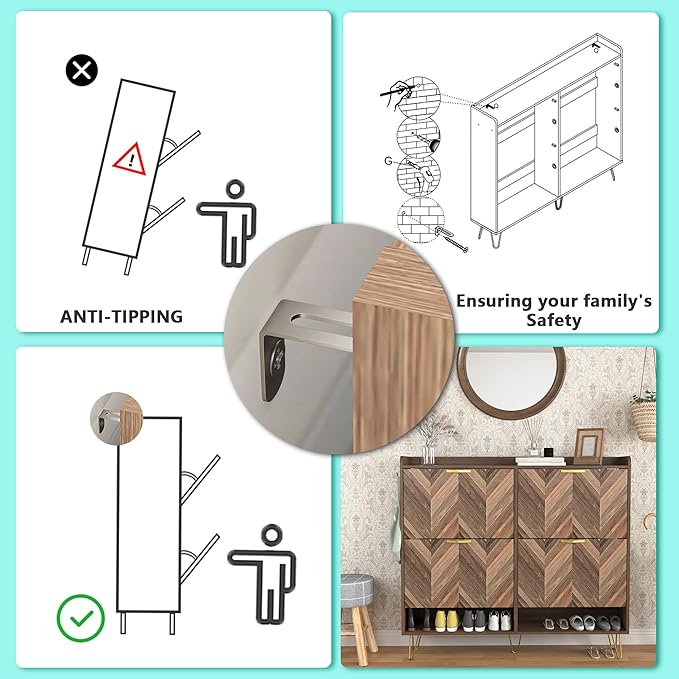 Vibe & Dine 4 Flip Drawer Shoe Cabinet, Mid Century Modern Shoe Organizer with Bottom Cubby, Hidden Shoe Cabinet with 2 Hooks, Freestanding Narrow Slim Shoe Rack Cabinet for Entryway, Foyer, Hallway-NeatNest