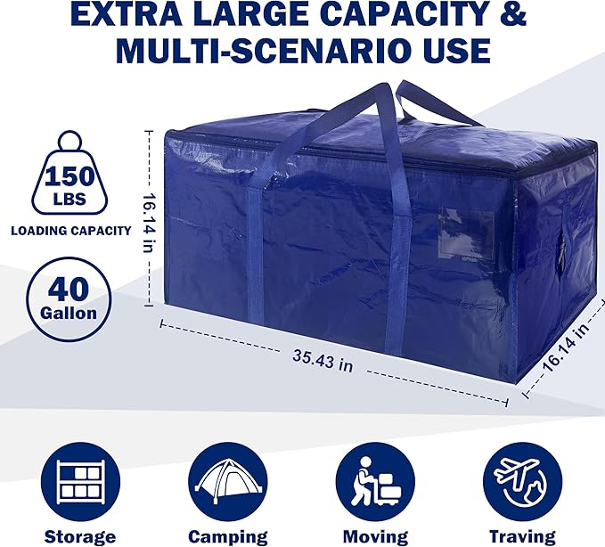 16 Pack Extra Heavy Duty Large Moving Bags with Strong Zipper & Carrying Handles, Sturdy Clothes Storage Bags Totes Bins, Packing Moving Boxes College Supplies, Dark Blue - 40 gal-NeatNest