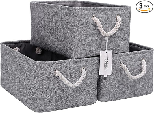 Fabric Storage Basket Set of 3, Foldable Linen Storage Box for Nursery and Home, Collapsible Canvas Shelf Basket for Wardrobe or Bedroom, Grey