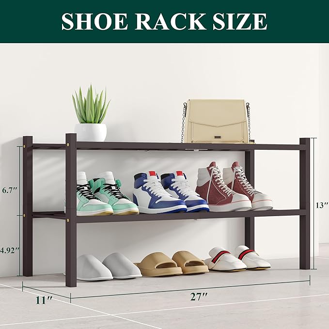 Smiry Shoe Rack, 2 Tier Bamboo Shoe Organizer, Stackable Free Standing Wooden Shoe Storage Shelf for Closet, Entryway, Front Door Entrance, Brown-NeatNest