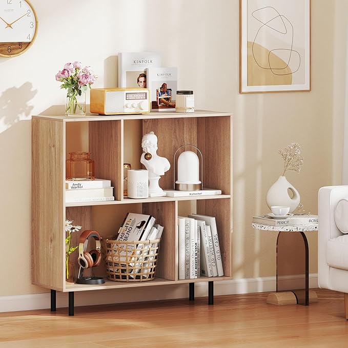4 Cube Bookcase, Wood Storage Organizer with 4 Metal Legs, Bookshelf with Storage, Cubical Storage Shelf, Wooden Book Shelf, Display Shelves for Bedroom, Living Room, Entryway
