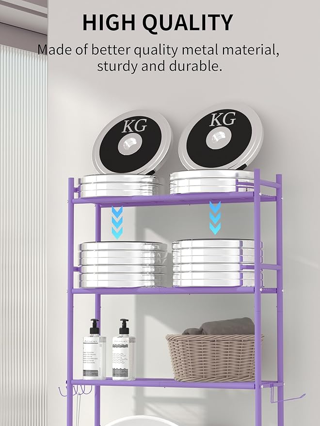 3-Tier Over The Toilet Storage, Space Saver Metal Bathroom Shelves, Freestanding Above Over Toilet Storage Shelf with 4 Hooks for Bathroom, Purple-NeatNest