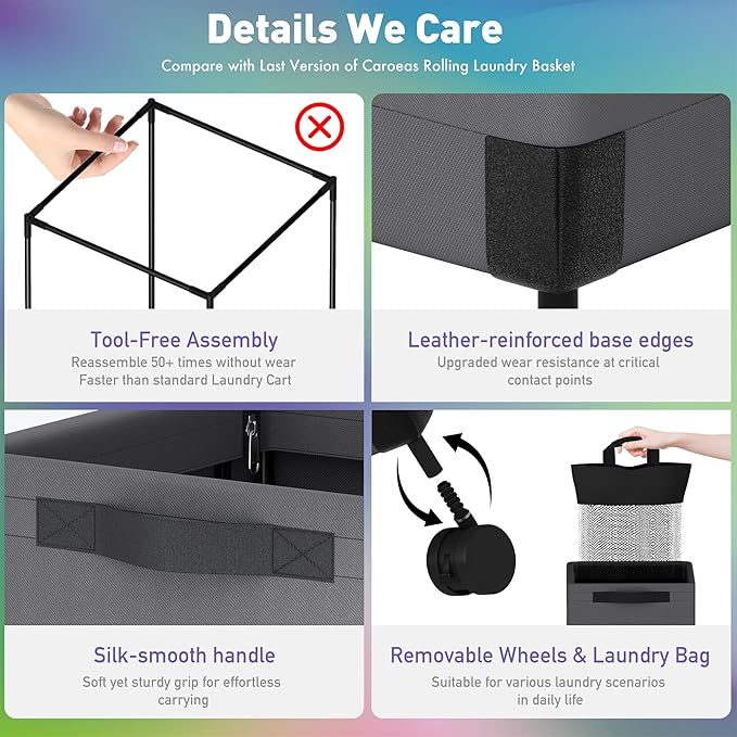 Caroeas Next-Gen 105L Matel Frame Laundry Basket with wheels, Heavy Duty Tall Rolling Laundry Hamper with Removable Wash Bag, Collapsible Freestanding Clothes Hamper For Laundry Room (100L,Grey,1Pack)