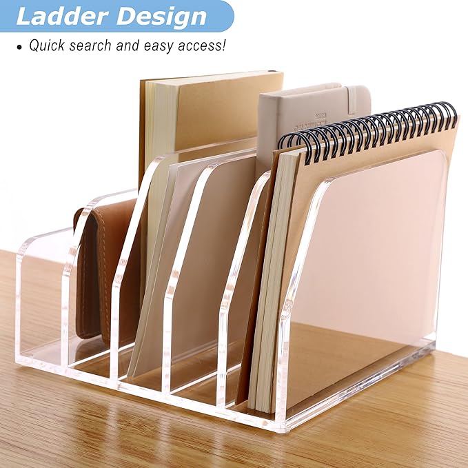SANRUI Acrylic Desk File Organizer Holder for Desk, Clear Laddered 5 Upright Compartments Mail Sorters, Multifunction Desktop Envelope Folder Racks Document Holders for Office, Home, School-NeatNest