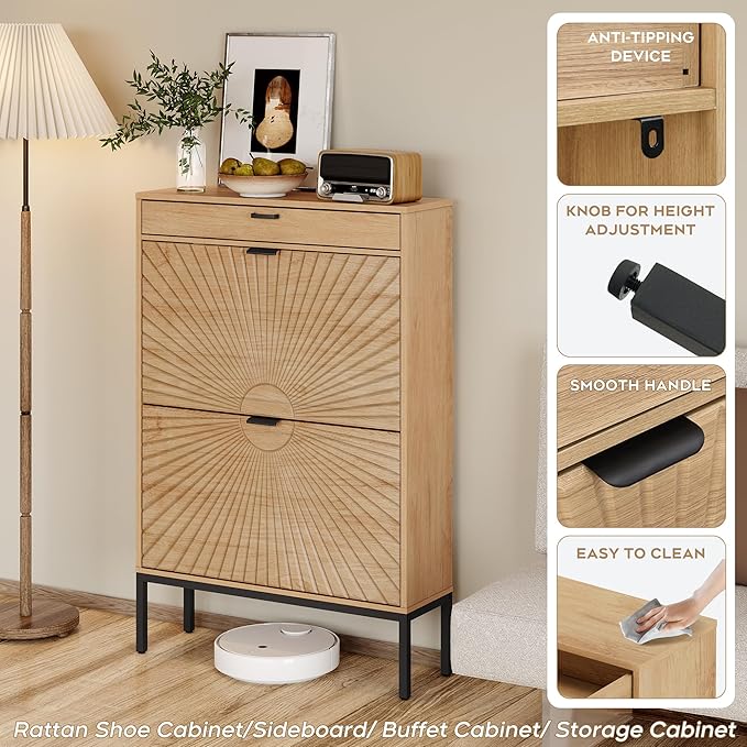 Brafab Shoe Storage Cabinet with 2 Flip Drawers&1 Small Drawer, Slim Entryway Shoe Organizer with Sun Pattern Doors for Sneakers,Light Beige-NeatNest