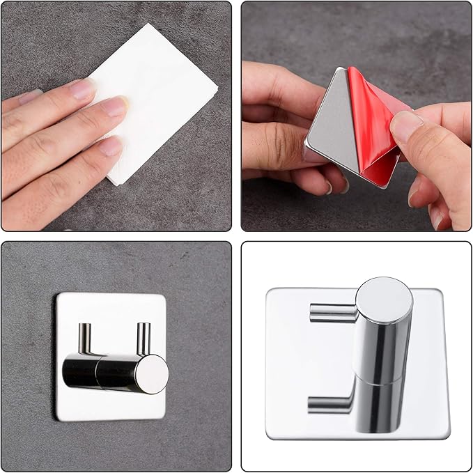 Bylion 4 Pack Silver Adhesive Wall Hooks, Adhesive Chrome Hooks Bathroom Towel Hooks Chrome SUS 304 Stainless Steel Wall Hooks, Heavy Duty Waterproof Hooks, Robe Hooks for Bathroom Kitchen Bedroom-NeatNest