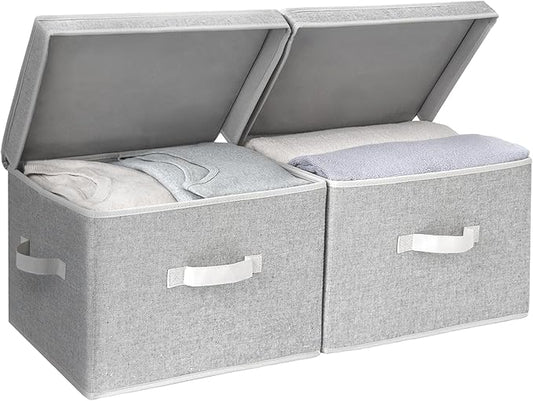 StorageWorks Fabric Storage Bins with Lid, Decorative Storage Boxes for Shelves, Stackable Closet Organizer Basket with Handles, Large, Gray, 2-Pack-NeatNest