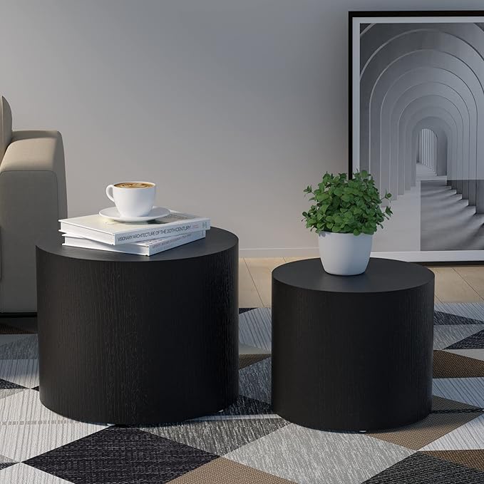 2-Piece Round Nesting Coffee Table, Circle End Table Wood Accent Table, Minimalist Side Table Set for Small Spaces, Living Room, Apartment(Black)