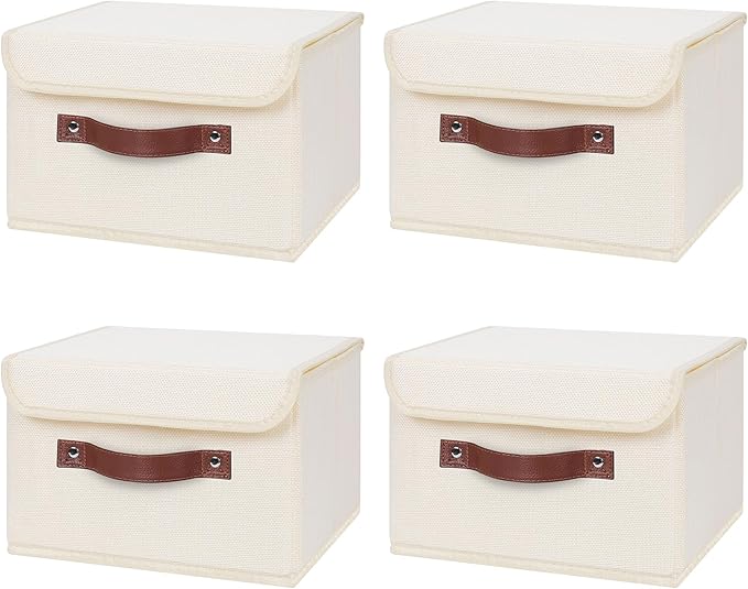ANMINY 4PCS Storage Bins with Lid PU Leather Handles Storage Boxes PP Plastic Board Decorative Foldable Lidded Cotton Linen Fabric Home Cubes Baskets Closet Organizer Containers - Beige, Small Size-NeatNest