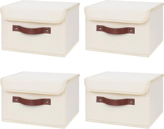 ANMINY 4PCS Storage Bins with Lid PU Leather Handles Storage Boxes PP Plastic Board Decorative Foldable Lidded Cotton Linen Fabric Home Cubes Baskets Closet Organizer Containers - Beige, Small Size-NeatNest