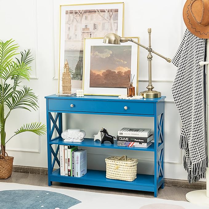 GOFLAME 39" Console Sofa Table with Drawers, 3-Tier Narrow Entry Table with Storage Shelves for Living Room Behind Couch, Entryway (Navy Blue)-NeatNest