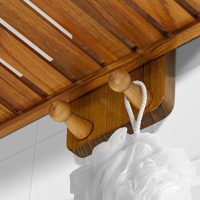 Utoplike Teak Shower Caddy Hanging, Shower Organizer Over Shower Head, Wooden Bathroom Shelf Holder with Hooks for Shampoo, Soap, Towels, No Drilling