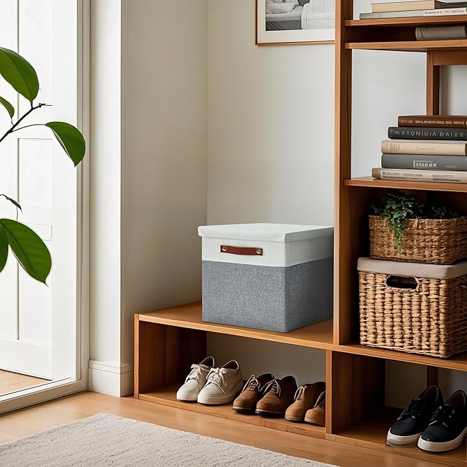 DECOMOMO Storage Basket with Lid, Storage Cubes with Handles, Fabric Box with Lid (Grey and White, 11” / 3 Pack)-NeatNest