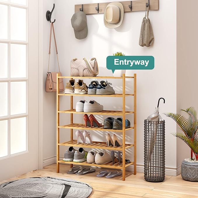 6-Tier Bamboo Shoe Rack for Entryway, Stackable | Foldable | Natural, Shoe Organizer for Hallway Closet, Free Standing Shoe Racks for Indoor Outdoor-NeatNest