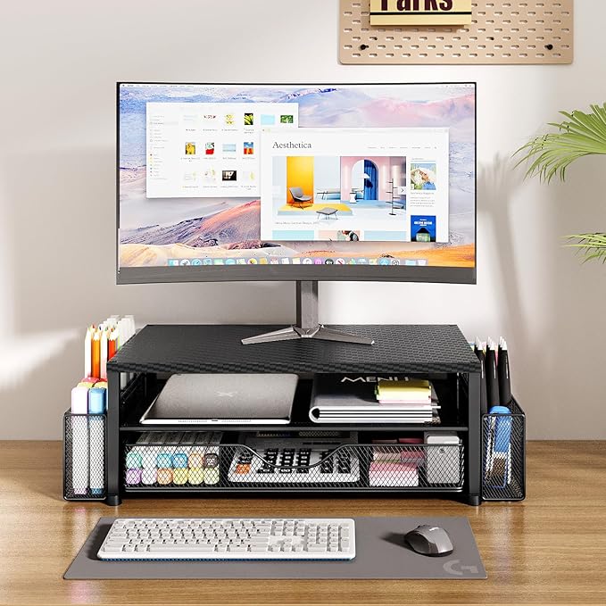 Desk Organizers and Accessories, 2-Tier Computer Monitor Stand Riser with Drawer and 2 Pen Holders, Laptop Stand, Office Desk Accessories for Office Supplies, Carbon Fiber