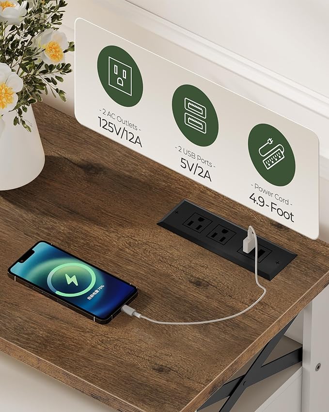 Console Table, Farmhouse Sofa Table with Power Outlet, Entryway Table with Cabinet and Open Shelves, Coffee Bar Cabinet with Storage for Entrance, Hallway, Kitchen, White and Walnut MXG01UWL-NeatNest