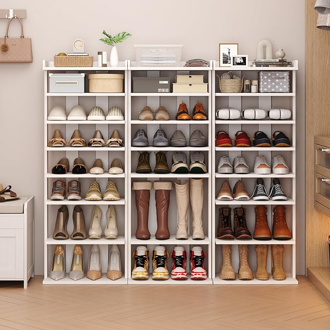 HOMEFORT 7-Tier Wood Shoe Rack, Double Rows 7-Tier Shoe Shelf, Shoe Storage Stand, Entryway Shoe Tower, Vertical Shoe Organizer Perfect for Narrow Closet, Entryway, Hallway, Bedroom in White-NeatNest