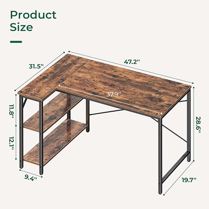 Huuger 47 Inches L Shaped Desk, Computer Desk with Reversible Storage Shelves, for Gaming Corner Home Office Writing Study, Metal Frame, Rustic Brown-NeatNest