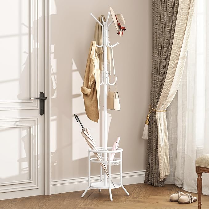 ELYKEN Coat Rack Freestanding, Metal Coat Rack Stand with Umbrella Holder, Modern Coat Tree with 12 Hooks, Floor Standing Corner Hall Tree for Entryway Living Room Bedroom Office, White-NeatNest
