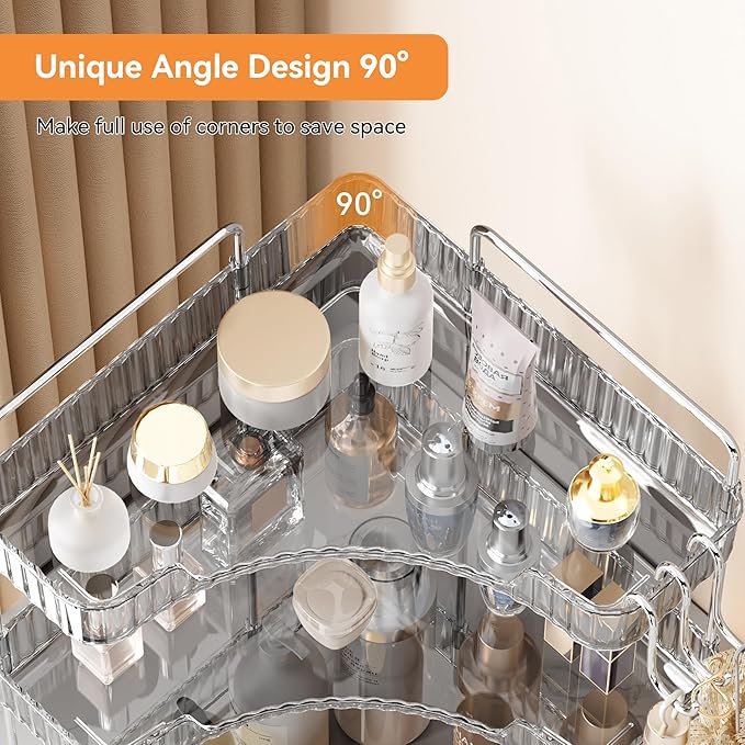 Makeup Organizer for Vanity 3-Tier Corner Bathroom Organizer Countertop with Hooks Bathroom Countertop Perfume Organizer Corner Bathroom Counter Corner Storage-Gray-NeatNest