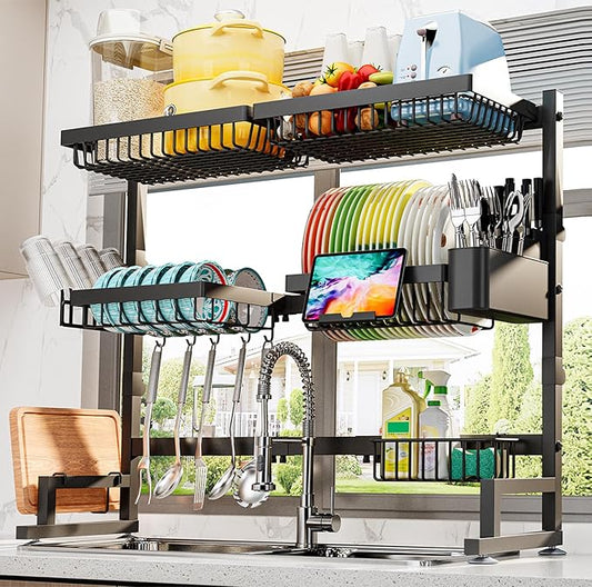 ADBIU Over The Sink Dish Drying Rack (Expandable Height and Length) Snap-On Design 2 Tier Large Dish Rack (27-37L x 12W x 32.5-37H (inches))