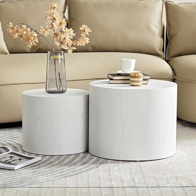 Nesting Coffee Table Set of 2, Round Side Tables Set, Wooden Accent Table, Modern End Tables, Minimalist Circle Table for Small Space Living Room Bedroom, Whitewashed