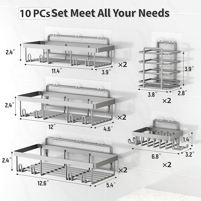 10 Pack Shower Caddy Organizer Rack Shelf for Inside Shower, Self Adhesive Wall Storage Basket Rustproof Stainless Steel Shampoo Holder Bathroom Accessory Decor Set, Grey-NeatNest