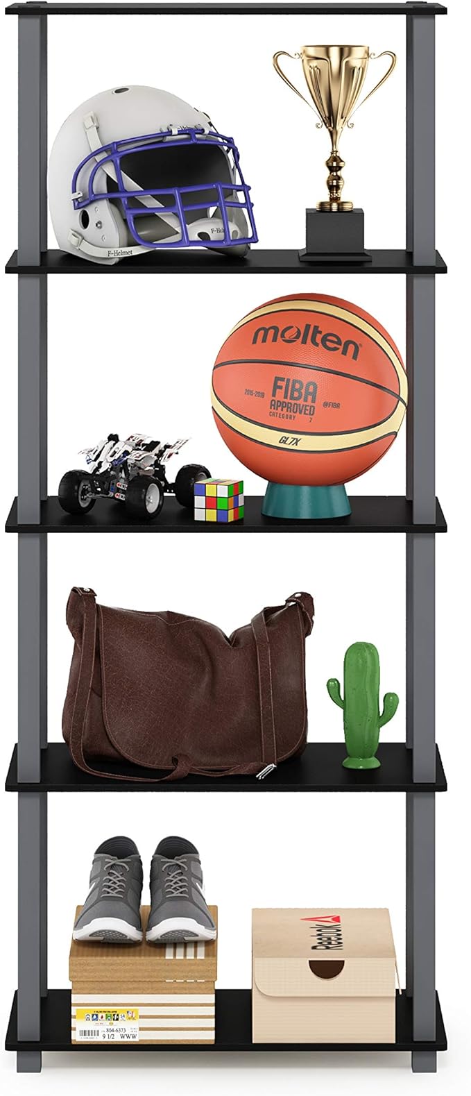 Furinno Turn-N-Tube 5-Tier Multipurpose Shelf / Display Rack / Storage Shelf / Bookshelf, Square Tubes, Black/Grey-NeatNest