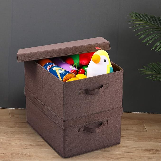HOONEX Linen Foldable Storage Bins with Lids, 2 Pack, Storage Boxes with Carrying Handles and Sturdy Heavy Cardboard, 16.5" L x 11.8" W x 7.5" H for Shoes, Clothes, Brown-NeatNest