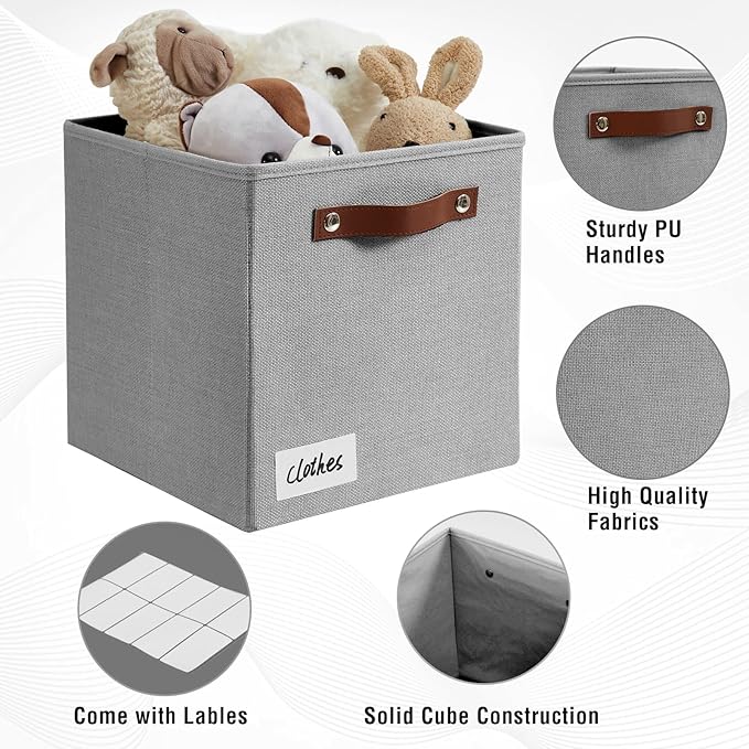 Collapsible Fabric Storage Cube Bins with 2 Reinforced PU Handles, Foldable Storage Organizer Baskets for Closet, Shelves, Living Room | 11"x11"x11", 4 Pack, Full Gray-NeatNest