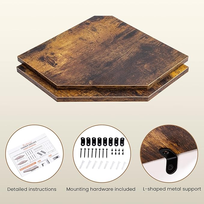 Corner Shelf Wall Mount, Floating Corner Shelves, Set of 2 Corner Wall Shelf Organizer, Rustic Wood Wall Storage Display Shelves for Living Room Bedroom Bathroom Kitchen, Rustic Brown-NeatNest